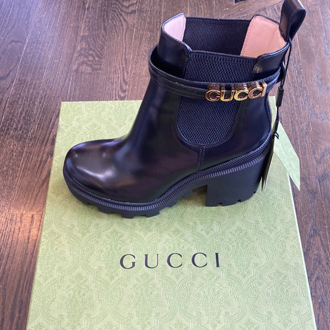 Gucci Black Leather Heeled Stretch Bootie with Gold GUCCI