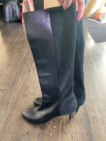Jimmy Choo Black Leather and Suede Side Zip Kitten Heel Knee Length Boot