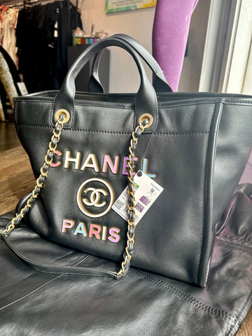 Chanel Black Leather Medium Deauville Tote with Enamel Letters