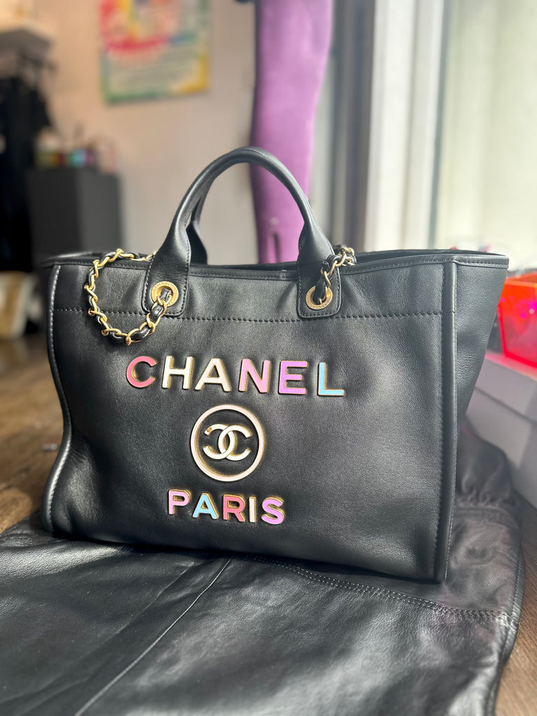 Chanel Black Leather Medium Deauville Tote with Enamel Letters