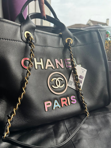 Chanel Black Leather Medium Deauville Tote with Enamel Letters