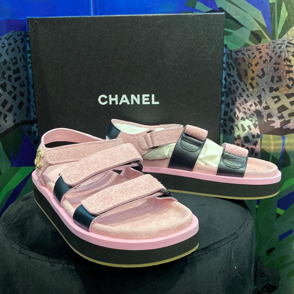 Chanel Pink Suede and Black Calfskin Dad Velcro Sandals with Gold CC