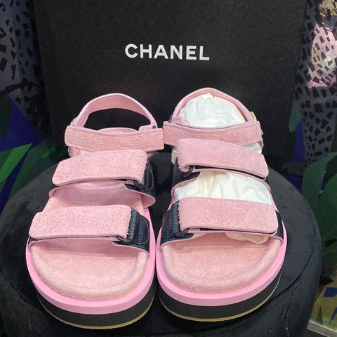 Chanel Pink Suede and Black Calfskin Dad Velcro Sandals with Gold CC