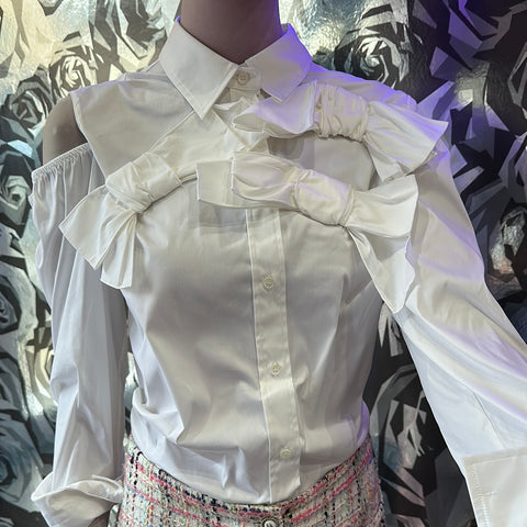 Red Valentino Cold Shoulder White Button Down with Bows