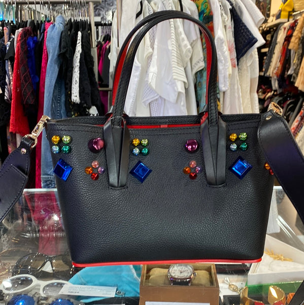 Christian Louboutin Black Leather North/ South Cabata Bag with Rainbow Gems