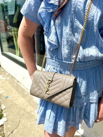 Saint Laurent Small Caviar Tri Quilt Envelope Bag in Tan