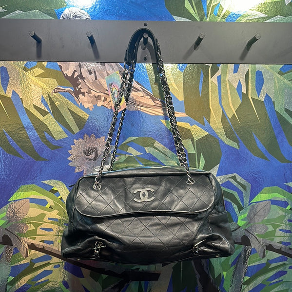 Chanel Black Lambskin Top Handle Bowler Bag with Silver Chain Hardware