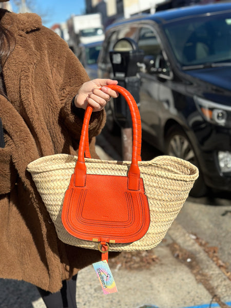 Chloe Woven Raffia Beach Tote with Orange Leather Handle Marcie Bag