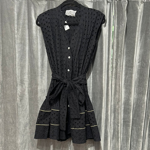 Louisa Black Cotton Cutout Button Down Dress with Gold Accent