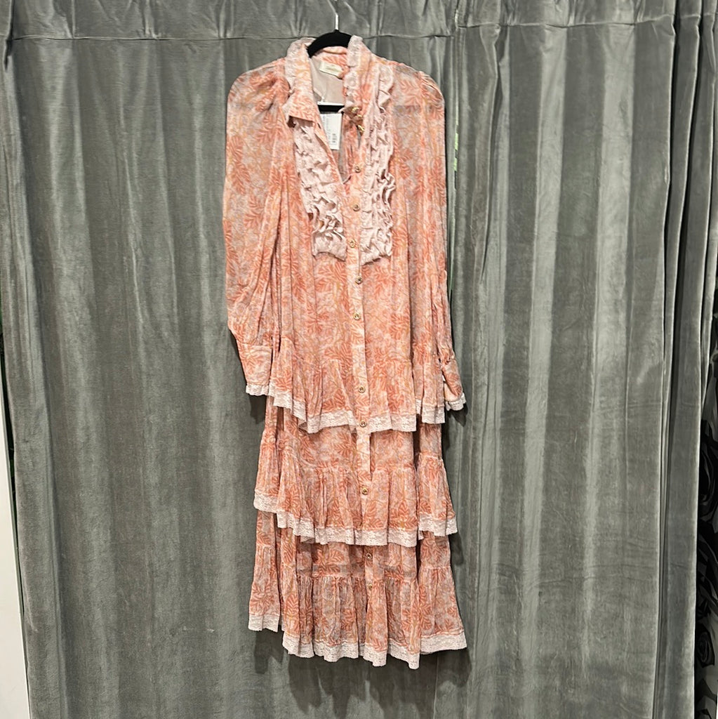 Zimmermann Long SLeeve Floral Print Ruffle Trim Crystal Button Maxi Dress