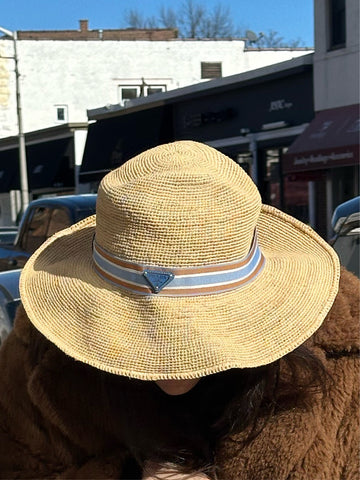 Prada Woven Sunhat with Light Blue and Tan Ribbon