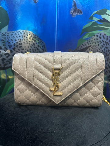 Saint Laurent Small Caviar Tri Quilt Envelope Bag in Tan