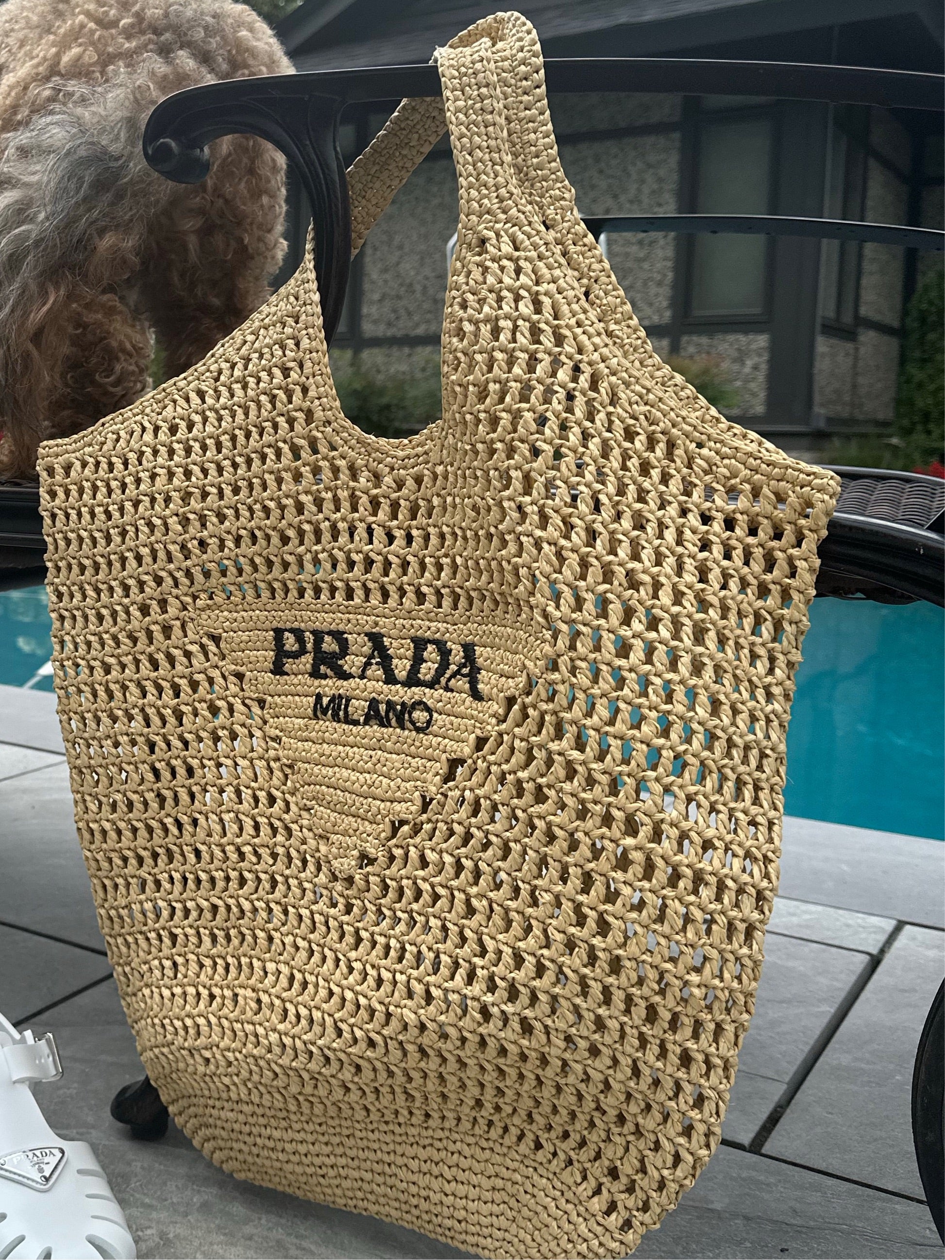Prada Crochet Tote Bag with Black Logo