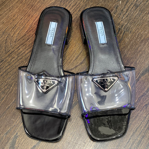 Prada Black Patent Leather Ciabatta Clear Flat Sandals