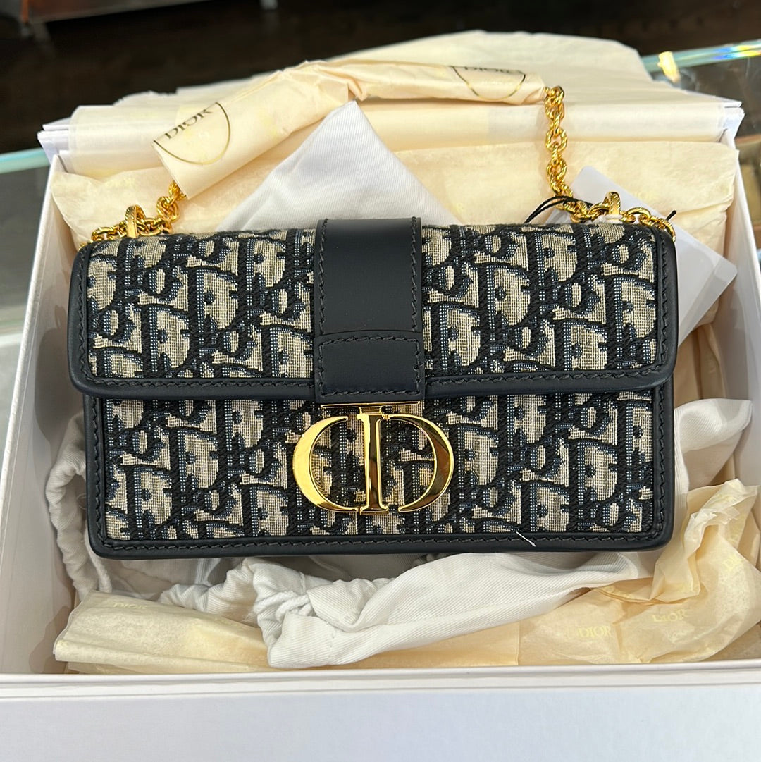Christian Dior 30 Montaigne Flap Bag Oblique Canvas Blue Crossbody Gold HW  $4000