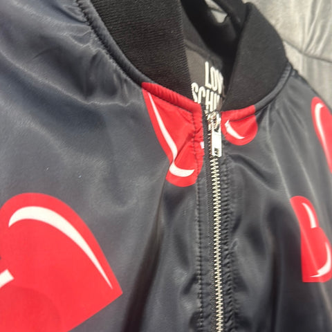 LOVE MOSCHINO Black Bomber Zip Jacket with Red Hearts