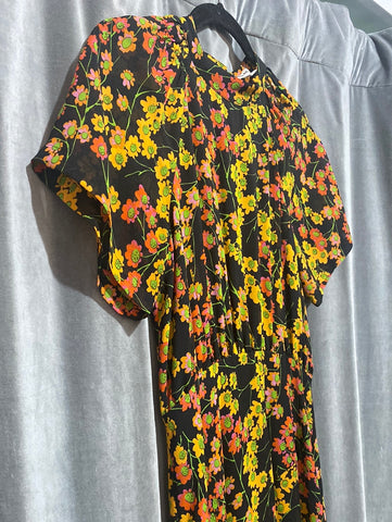 WHISTLES Short Sleeve Black Maxi Dress with Orange and Red Flowers