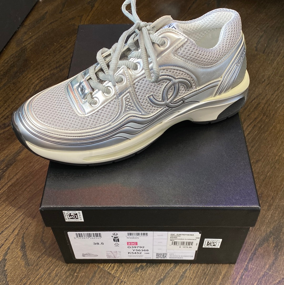 Chanel Light Grey Fabric and Silver Laminated Sneaker – The