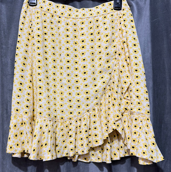 GANNI Crepe Yellow, White and Black Floral Mini Skirt with Ruffle