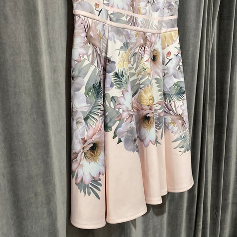 Ted Baker White Short Sleeve Floral Pleated Dress with Light Pink Bottom