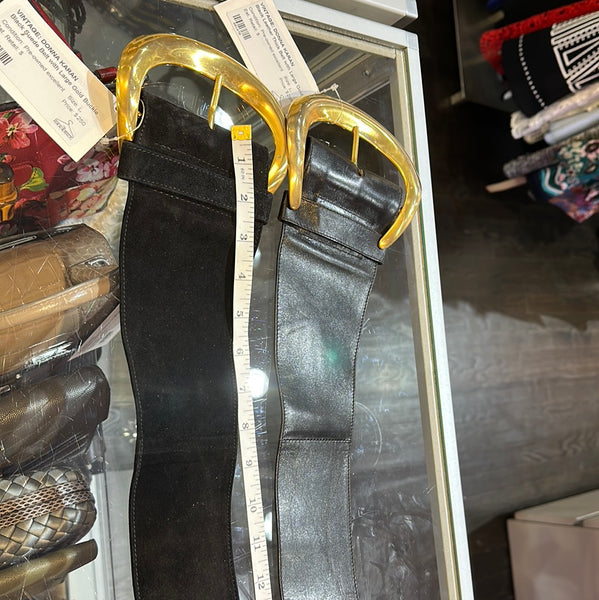 Vintage: Donna Karan Black Leather Thick Belt with Large Gold Buckle