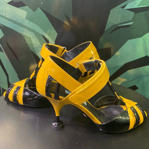 Prada Patent Leather Yellow and Black Caged Peep Toe Sandal