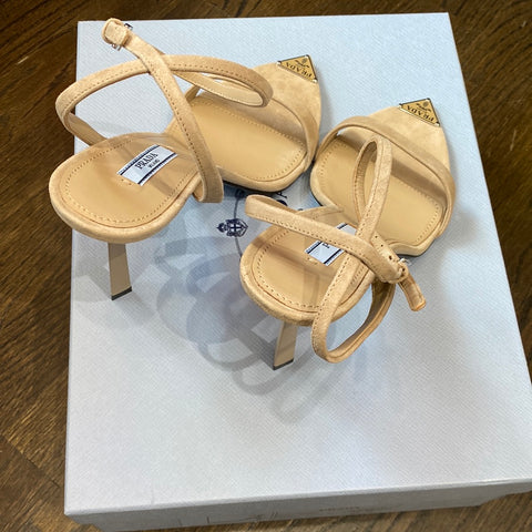 Prada Tan Suede Pointed Toe Ankle Strap Sandal with Logo Plaque Point
