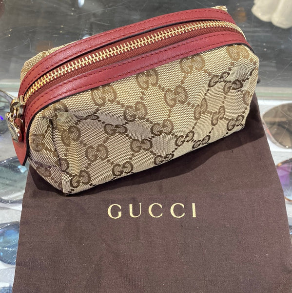 Gucci GG Canvas Heart Zipper Red Leather Top Pouch