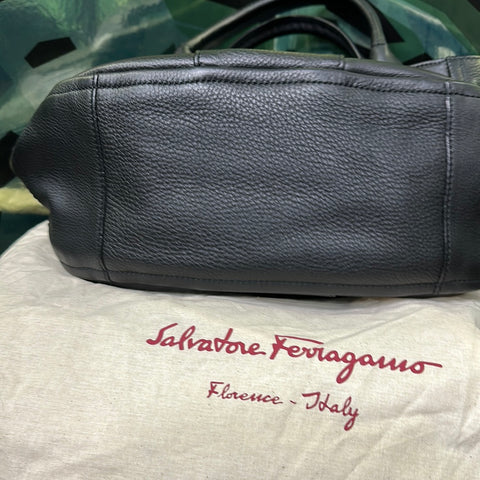 Salvatore Ferragamo Black Leather Logo Embossed Top Handle Bag with Crossbody Strap