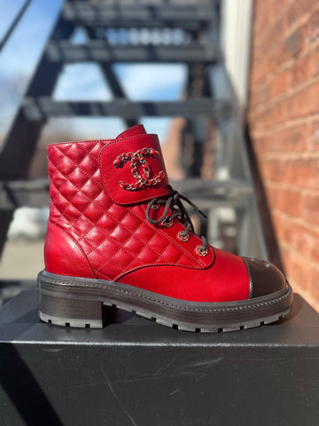 Chanel Red Metallic Lace Up Quilted Lace Up Calfskin Boot