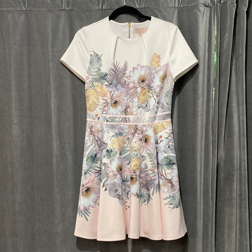 Ted Baker White Short Sleeve Floral Pleated Dress with Light Pink Bottom