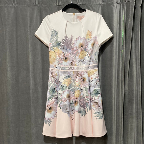 Ted Baker White Short Sleeve Floral Pleated Dress with Light Pink Bottom