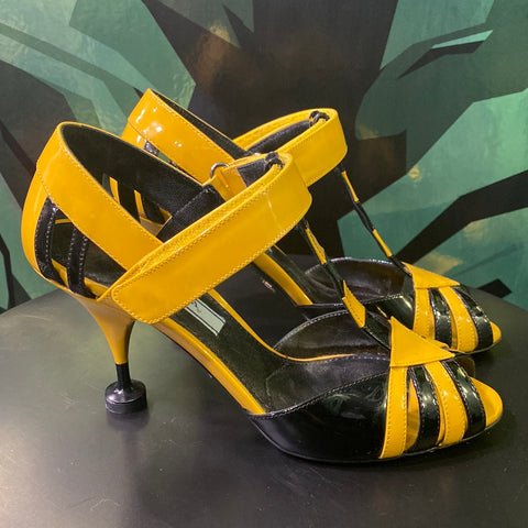Prada Patent Leather Yellow and Black Caged Peep Toe Sandal