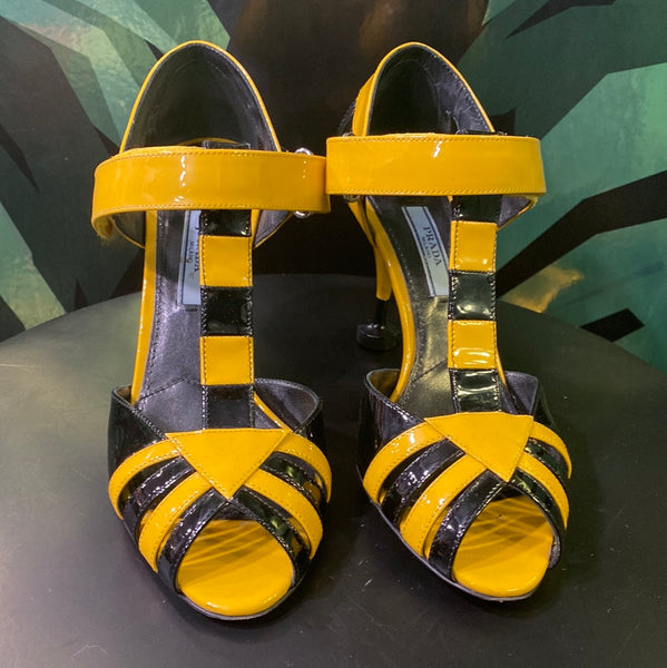 Prada Patent Leather Yellow and Black Caged Peep Toe Sandal