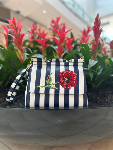 Dolce & Gabbana Navy & White Striped with Red Embroidered Flower Crossbody Sicily Bag