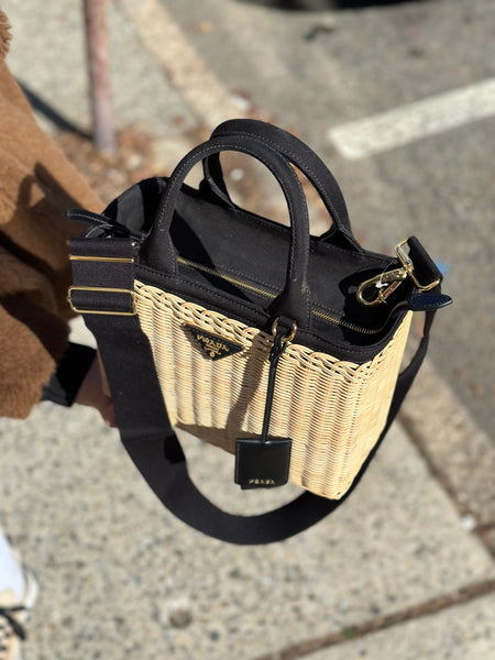 PRADA Woven Raffia Basket Bag with Black Canvas Strap and Top Handle