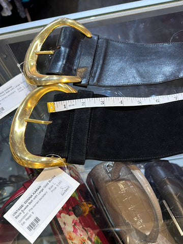 Vintage: Donna Karan Black Suede Belt with Large Gold Buckle