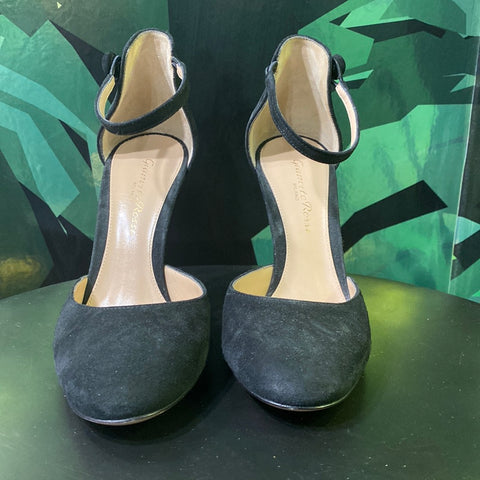 Gianvito Rossi Black Suede Round Toe Ankle Strap Chunky Heel Shoe