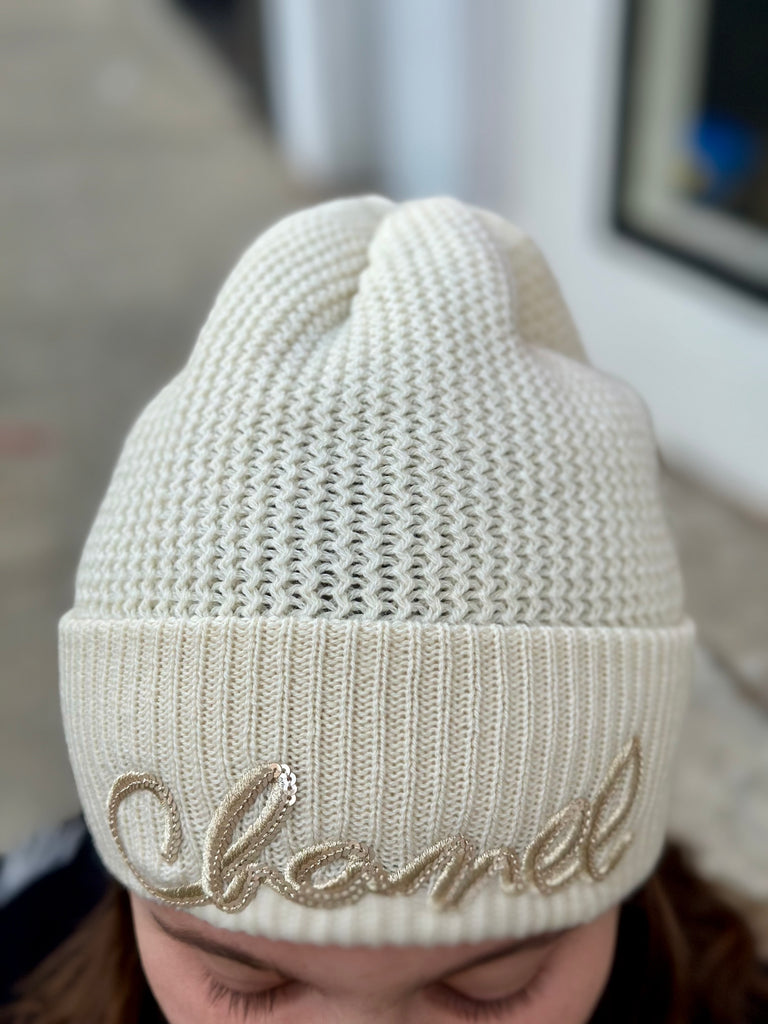 Chanel White Knit Beanie with White Sequin Chanel Writing