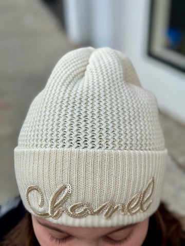 Chanel White Knit Beanie with White Sequin Chanel Writing