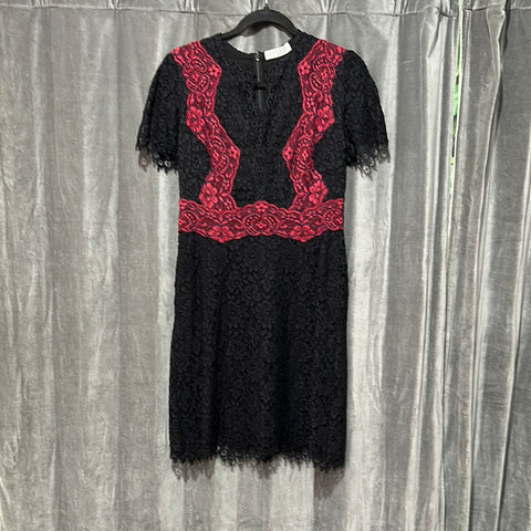Sandro Black Lace Short Sleeve V Neck Dress with Red and Navy Trim The Hangout Sandro Black Lace Short Sleeve V Neck Dress with Red and Navy Trim The Hangout