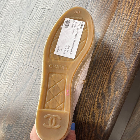 Chanel White Quilted Leather Espadrille with Black Grosgrain Toe and Gold Chain