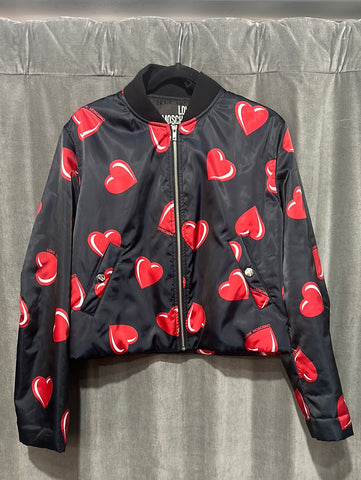 LOVE MOSCHINO Black Bomber Zip Jacket with Red Hearts