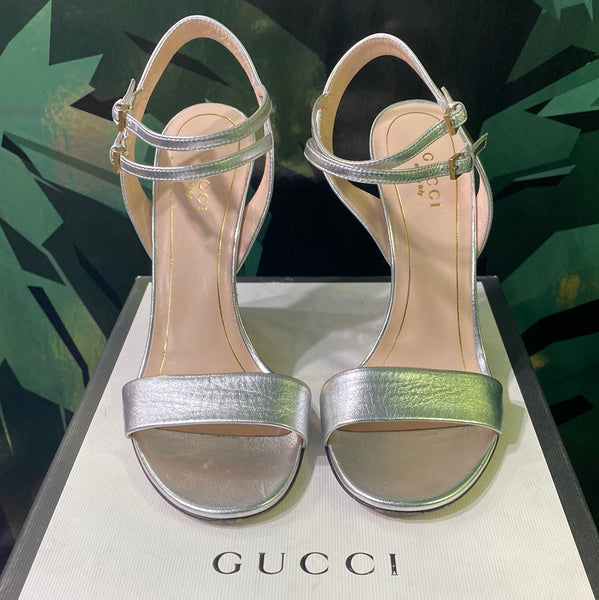 Gucci Silver Metallic Sandal with Gold Embellished Wedge