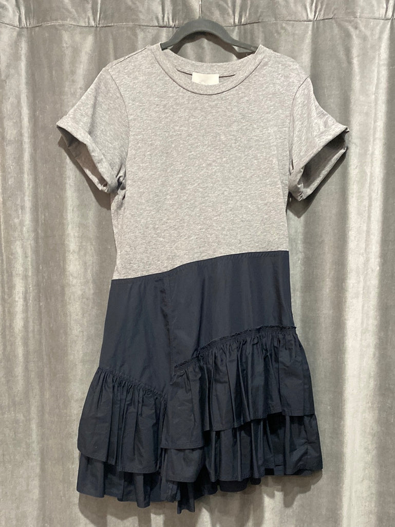 Phillip Lim Grey Cotton 'FLAMENCO' T Shirt Dress with Navy Ruffle Flare Bottom