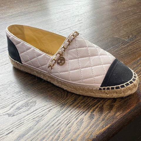 Chanel White Quilted Leather Espadrille with Black Grosgrain Toe and Gold Chain