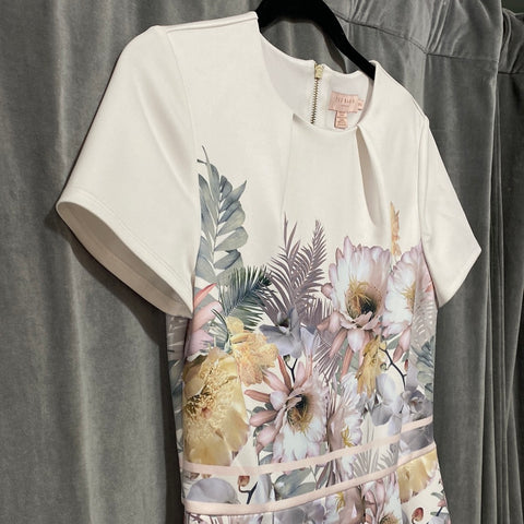 Ted Baker White Short Sleeve Floral Pleated Dress with Light Pink Bottom