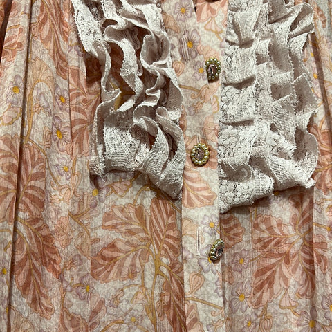 Zimmermann Long SLeeve Floral Print Ruffle Trim Crystal Button Maxi Dress