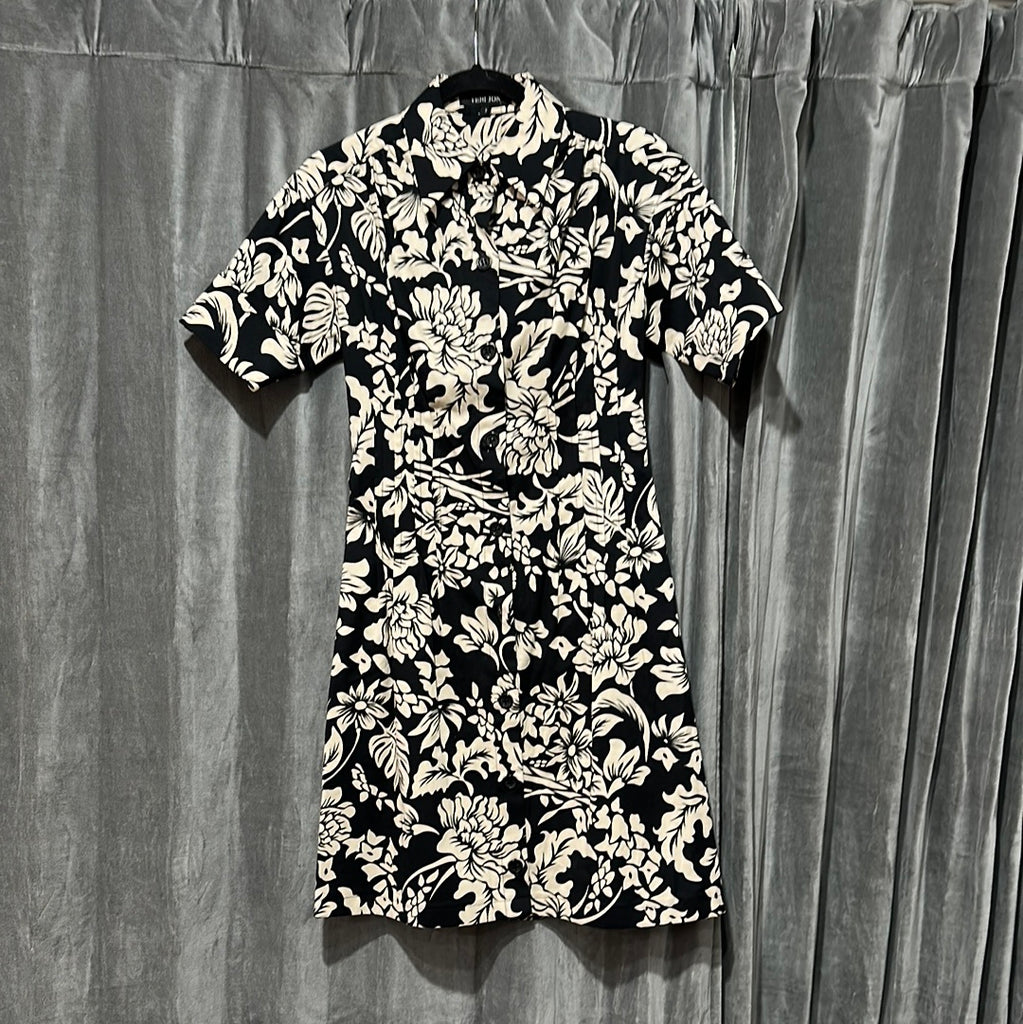 Rickie Freeman Teri Jon Black and Tan Hawaiin Print Collared Button Down Dress