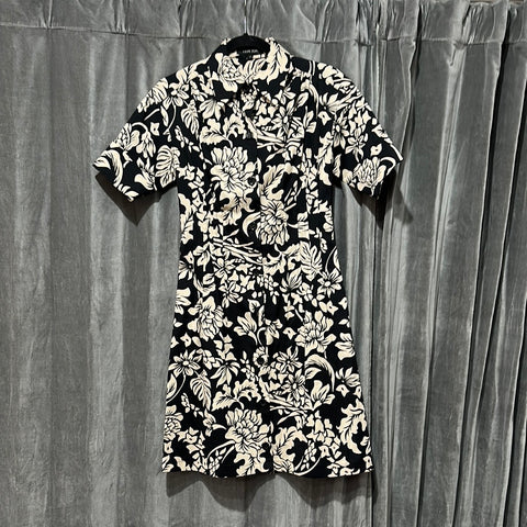 Rickie Freeman Teri Jon Black and Tan Hawaiin Print Collared Button Down Dress